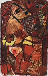 Im roten Garten einer Zwiesprache . 1993
Gouache, Tempera, Öl auf Leinwand
135 x 85 cm