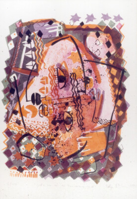 Gedanken an ein zerbrochenes Land . 1994 . Lithografie . 59,2 x 42 cm . 5 Steine . Auflage 40 . Spende für Ruanda